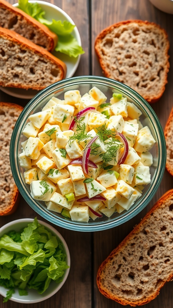 Classic 6-Egg Salad Recipe Creamy egg salad in a glass bowl with herbs, served with bread and lettuce on a wooden table.